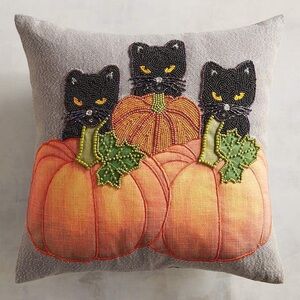 Pier 1 Beaded black cat pumpkin pillow